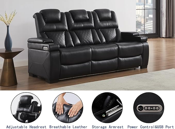 THSUPER Power Breathable Leather Reclining Sofa with 7-Color LED Light, Living Room Recliner Couch with Adjustable Headrest/Reading Light/USB Port/Storage Arm/Drop Down Table for Living Room, Black