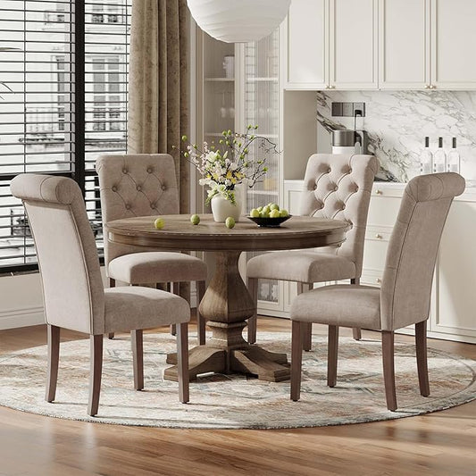 Upholstered Tufted Dining Room Chairs Set of 4, Parsons Kitchen Chairs with Padded Seat and Solid Wood Legs, Fabric Accent Side Diner Chair for Dining Room/Kitchen/Living Room, Camel