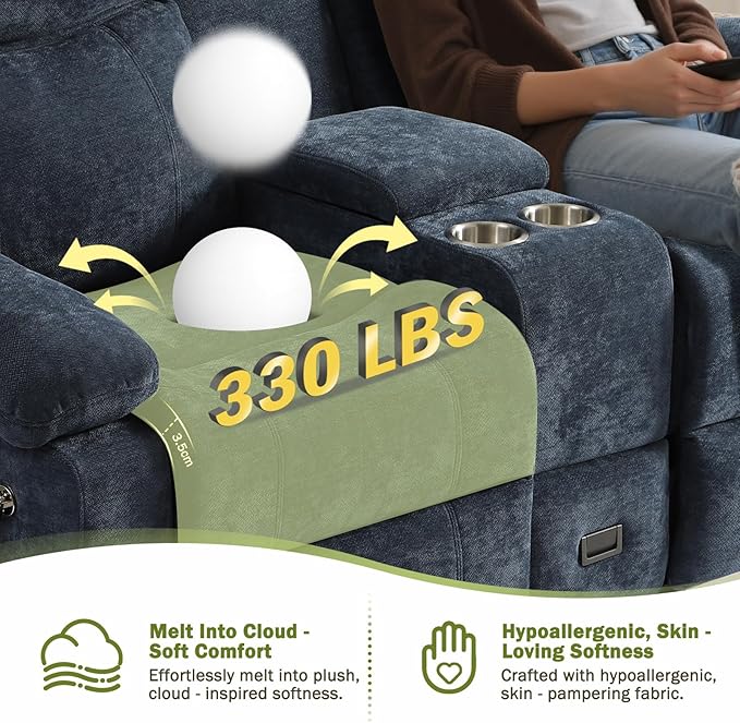 Manual Reclining Loveseat Sofa with 360°Adjustable Phone Holder, Center Console Storage with Type-C Charging & USB, Adjustable Headrest, Cupholders, Hidden Storage Drawer, Living Room, Home Theater
