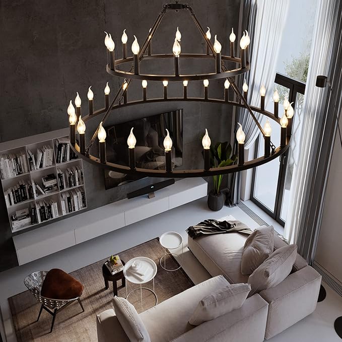 Wagon Wheel Chandelier 2 Tier 36-Light 48-inch, Black Farmhouse Industrial Chandelier Rustic Candle Pendant Light Extra Large for High Ceilings, Living Room Foyer