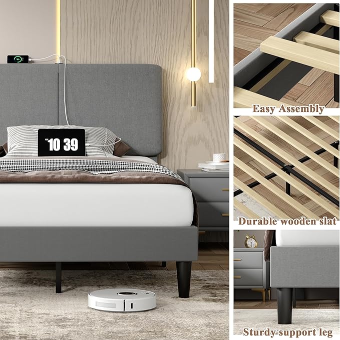 VECELO Full Bed Frame with Type-C & USB Ports, Upholstered Platform Height-Adjustable Cotton and Linen Headboard, No Box Spring Needed, Noise-Free, Easy Assembly, Dark Grey