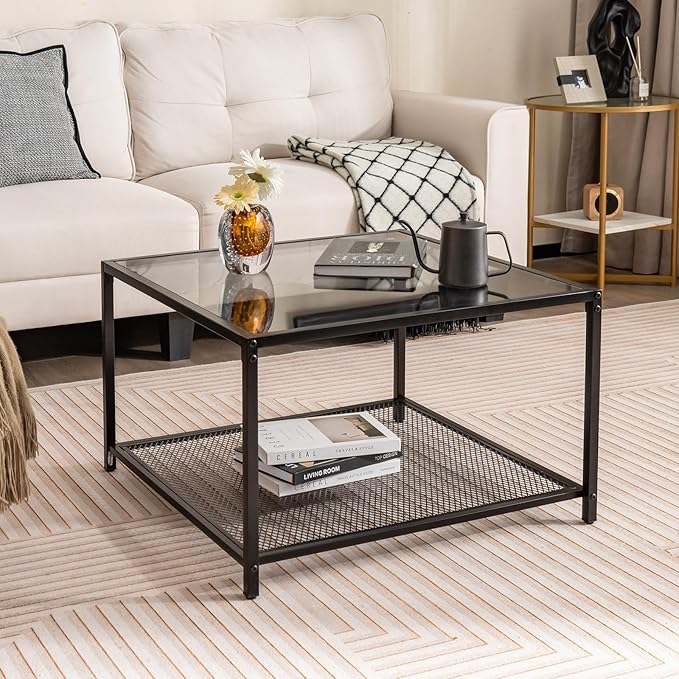Giantex 27.5" Square Coffee Table - Tempered Glass Center Table w/Bottom Storage Shelf & Metal Frame, Modern Accent Table for Small Space, Living Room, Home, Office (2-Tier, Gray)