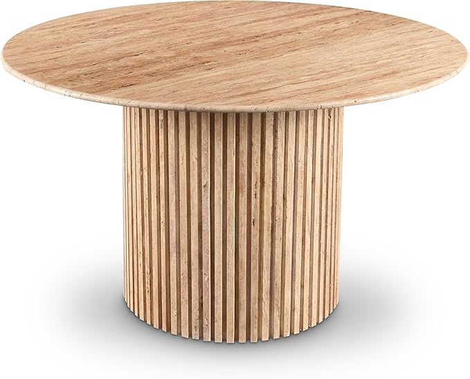 Meridian Furniture 248Travertine-DT48 Genoa Collection Art Deco Dining Table with Handcrafted Genuine Travertine, Natural Travertine Beige Color, 48" W x 48" D x 30" H, Beige