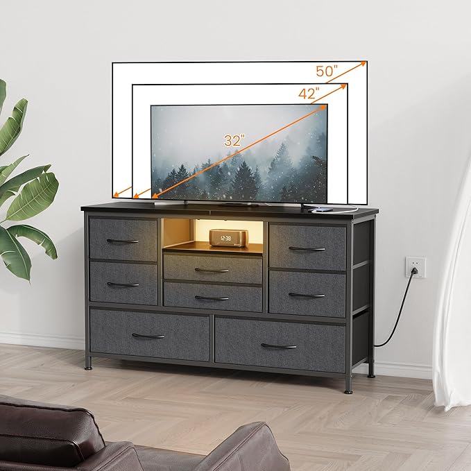 Jojoka 8-Drawer LED Dresser TV Stand with Power Outlet for 55'' TV - Wide Storage Chest for Bedroom, Living Room & Entryway, Wood Top Console Table with 22 Light Modes