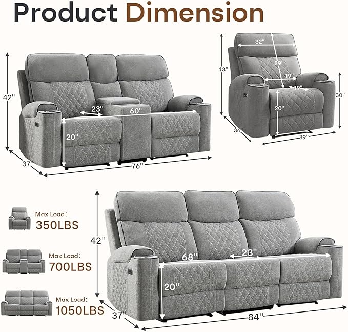 HAOMARKETS 3-Piece Power Recliner Sofa Set with Charging Port, Include Single Recliner Chair, 2-Seater Loveseat Reclining Couch and 3-Seater Reclining Sofa with Cup Holders for Living Room, Light Grey