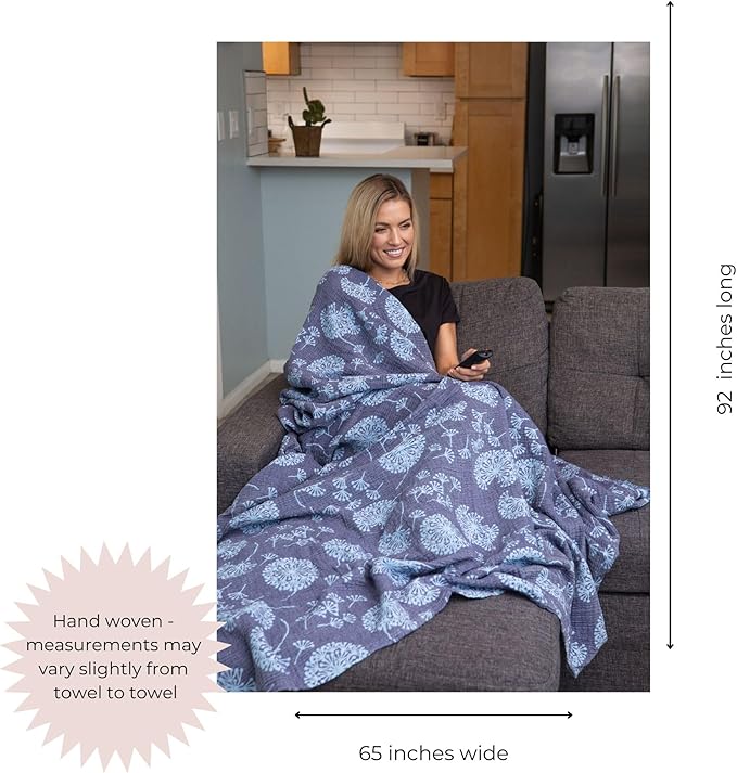 InfuseZen Large Turkish Muslin Throw Blanket - Reversible Dandelion Design -100% Turkish Cotton Gauze - 92" x 65" - Soft, Thin, Lightweight, Breathable - Sofa, Bed, Picnic, Beach, Yoga - Navy/Blue