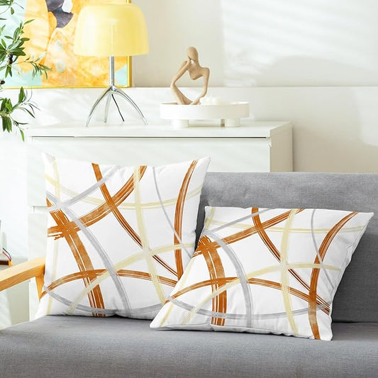 CaliTime Throw Pillow Cases Pack of 2 Cozy Fleece Arc-Shaped Abstract Geometric Lines Decorative Cushion Covers for Couch Bed Sofa Farmhouse Decoration 26 X 26 Inches Burnt Orange Light Gold Grey