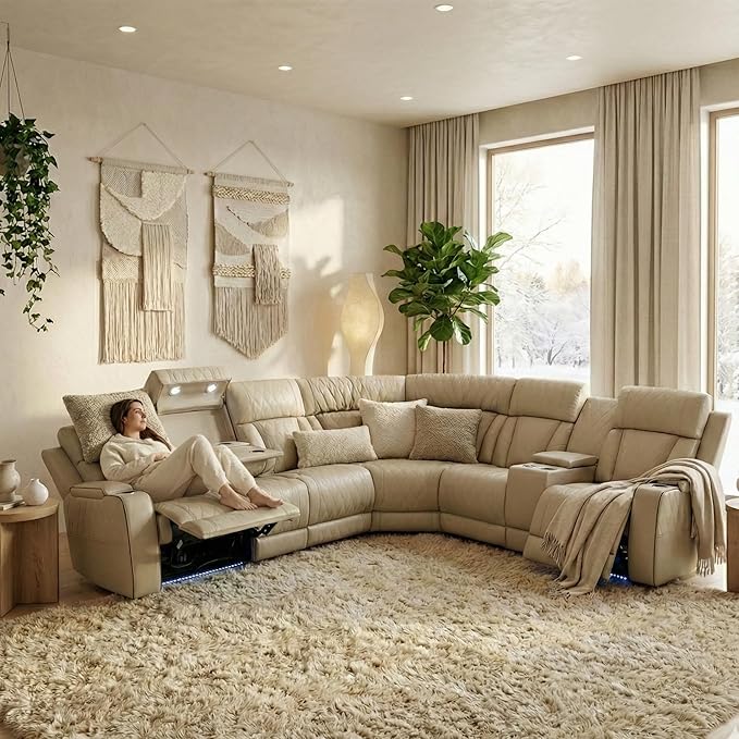 Power Recliner Sectional Sofa with LED Light, Breathing Leather Recliner Sofa Couch with Storage/Cup Holder for Living Room Home Office Theater (Beige)
