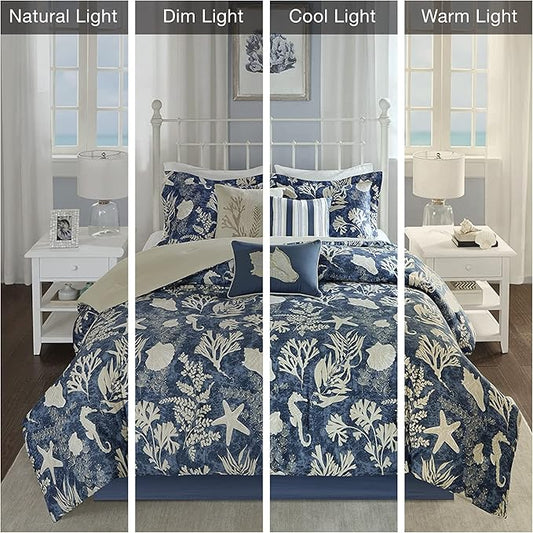 Madison Park 100% Cotton Comforter Set - Coastal Coral, Starfish Design All Season Down Alternative Cozy Bedding with Matching Shams, Decorative Pillow, Queen(90"x90"), Blue, Cape Cod Navy 7pcs