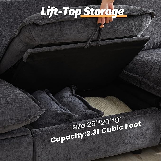 GUEAPY Power Reclining Sofa Cloud Couches for Living Room-Cloud Couch Sectional with Drawer,3 Seater Reclining Couches, Chenille Deep Reclining Sofa with Pillows, USB&Type-C Ports for Livingroom | Cloud Couch, Drawer, Deep Seat