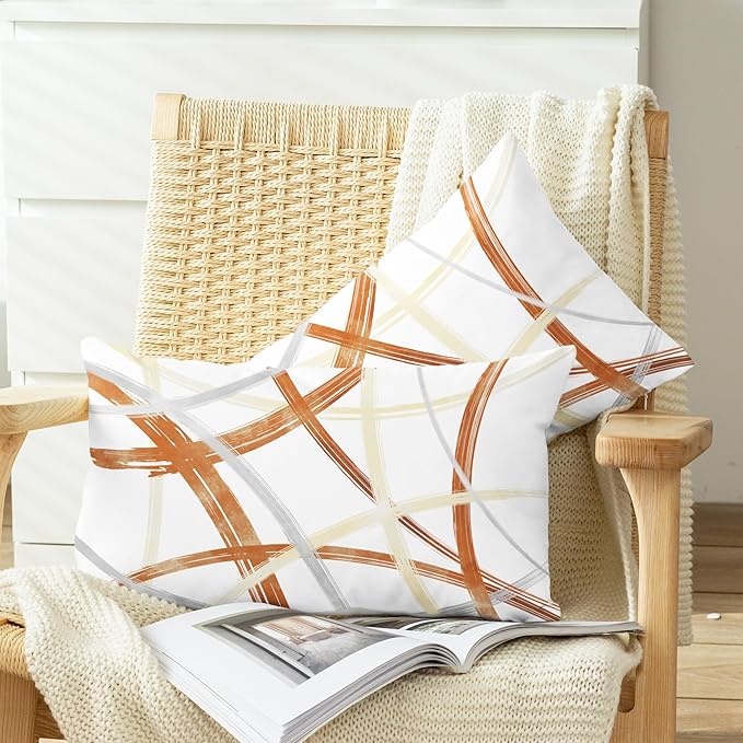 CaliTime Throw Pillow Cases Pack of 2 Cozy Fleece Arc-Shaped Abstract Geometric Lines Decorative Cushion Covers for Couch Bed Sofa Farmhouse Decoration 12 X 20 Inches Burnt Orange Light Gold Grey