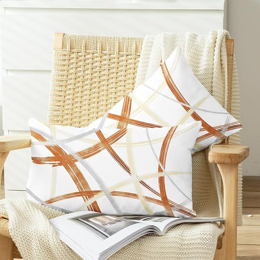 CaliTime Throw Pillow Cases Pack of 2 Cozy Fleece Arc-Shaped Abstract Geometric Lines Decorative Cushion Covers for Couch Bed Sofa Farmhouse Decoration 12 X 20 Inches Burnt Orange Light Gold Grey