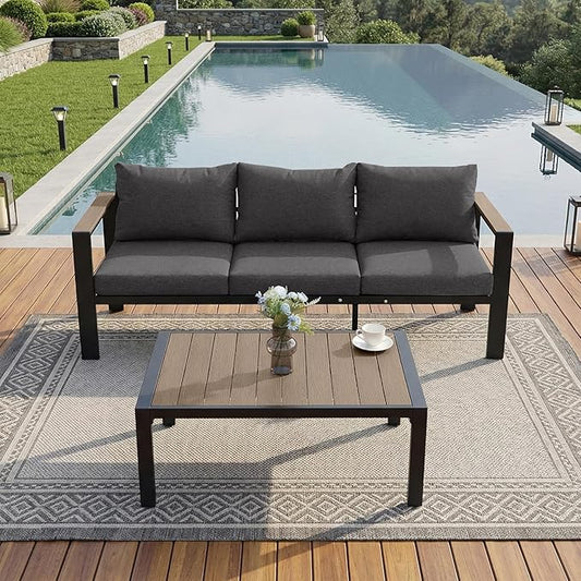 Outdoor Patio Furniture Set 3 Seats Sofa and Coffee Table with Washable Thick Cushions, All-Weather Luxury Aluminum Modern Outside Sectional Set for Porch, Balcony, Deck, Yard, Dark Gray