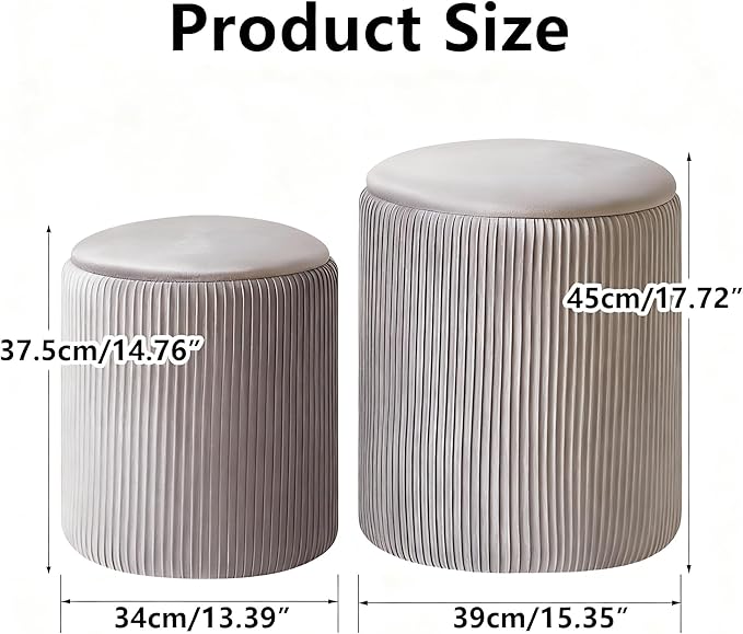 IBUYKE Round Ottoman with Storage Set of 2 Boucle Ottoman End Table for Living Room Vanity Stool Velvet Footrest Stool Bar Stool Grey UWBD005G