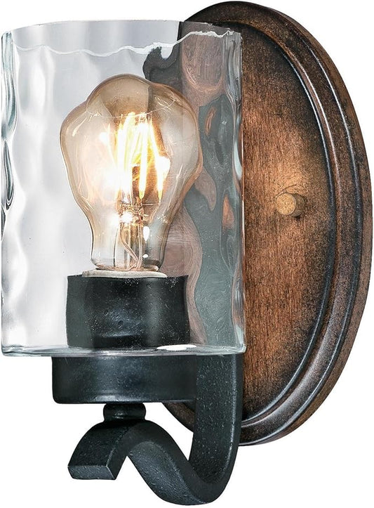 6331600 Barnwell One-Light Indoor Wall Fixture, Textured Iron and Barnwood Finish with Clear Hammered Glass
