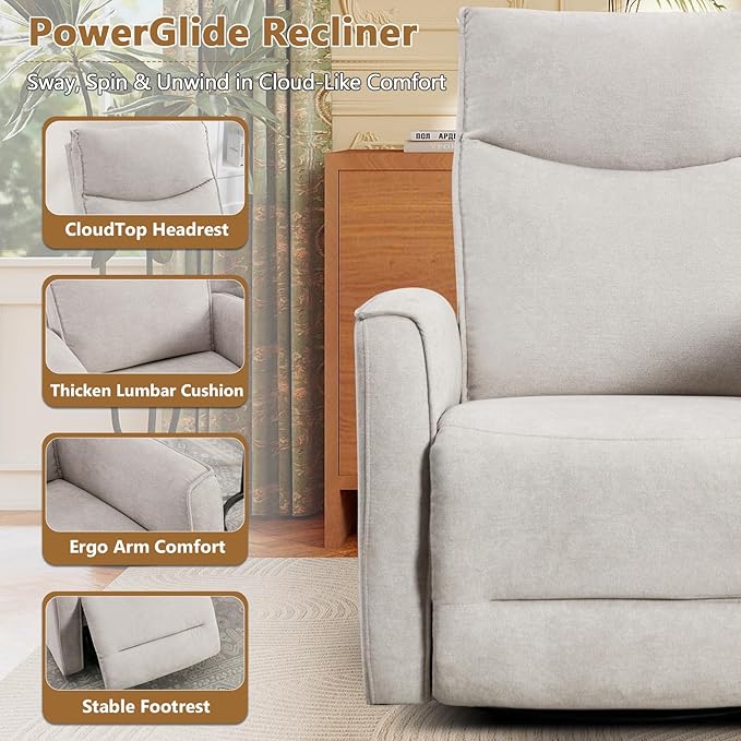 ANJ Power Swivel Recliner Chair,Electric Glider Rocker Recliner with USB Port, Nursery Recliner Sofa Soft Fabric Rocking Chairs for Living Room, Bedroom,Light Grey