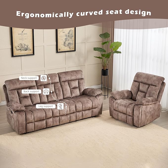 CANMOV Recliner Sofa Set, Power Lift Recliner with Massage&Heat and 3 Seat Sofa, Reclining Sofa with Overstuffed Armrest, Hidden Cup Holders, for Living Room, Camel-Brown