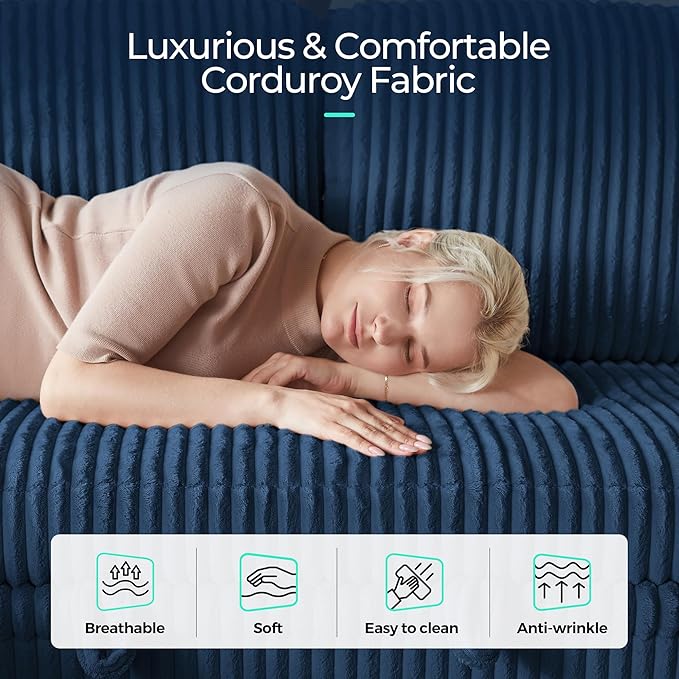 LINSY HOME Sectional Sleeper Sofa with Pull Out Couch Bed Convertible Plush Corduroy Cloud Couch with Storage Chaise & USB Charging, Comfy L Shaped Modular Couches for Living Room Apartment (Blue) | Pull Out Sofa Bed, Storage, USB Charging, Cup Holders...