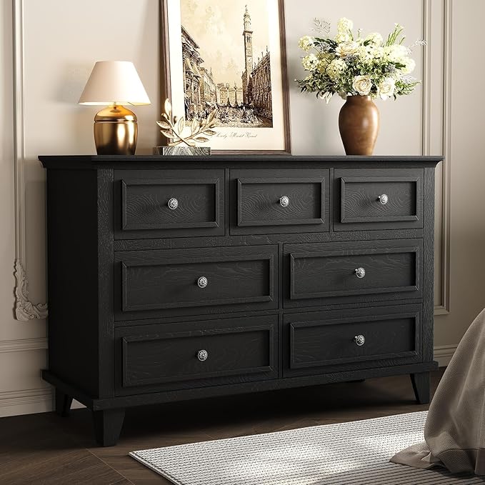 GAOMON Black Dresser, 7 Drawer Dresser for Bedroom, 47" W Chest of Drawers with Deep Drawers, Closet Dressers with Metal Handle, Thickened Desktop, Wood Rustic Drawers for Hallway, Entryway, Closet