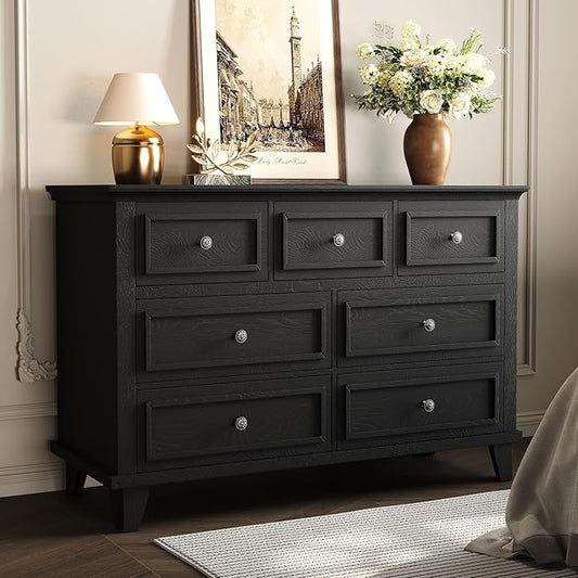 GAOMON Black Dresser, 7 Drawer Dresser for Bedroom, 47" W Chest of Drawers with Deep Drawers, Closet Dressers with Metal Handle, Thickened Desktop, Wood Rustic Drawers for Hallway, Entryway, Closet