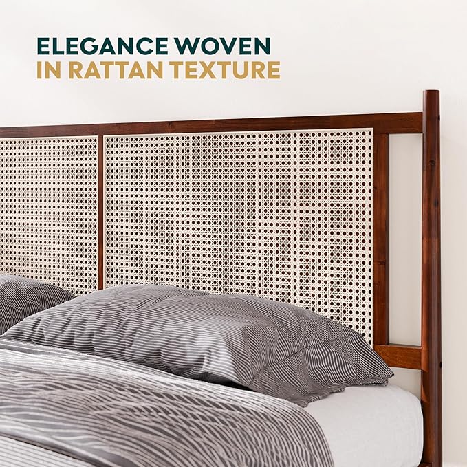 Bme Oliver King Bed Frame and Headboard - 15-Inch Signature Design with Rattan Headboard, Bohemian and Mid Century Style, 12-Slat Wood Support, No Box Spring Needed - Easy Assembly, Walnut