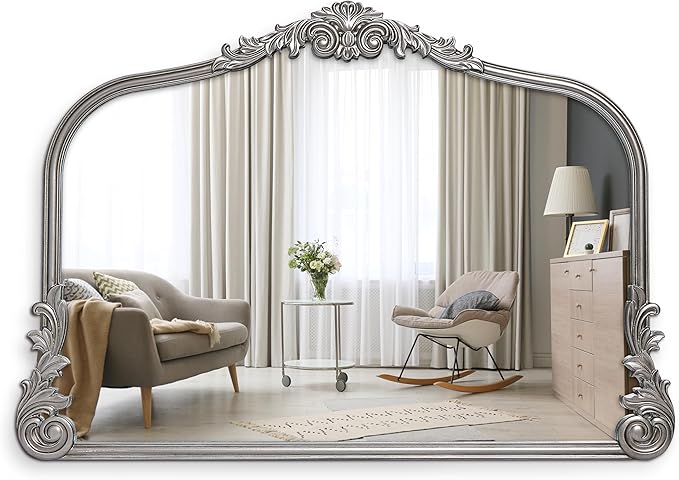 English Estate Carved Arch Wood Wall Mirror, Mirror for Entryway, Living Room, Bathroom, Antique Silver, 26x37