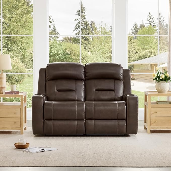 Watson & Whitely Genuine Leather Power Loveseat Recliner Sofa, Lay Flat Loveseat Reclining Sofa with Power Headrest, Cup Holders, USB & Type-C Ports, Dual Recliners for Living Room, Dark Brown