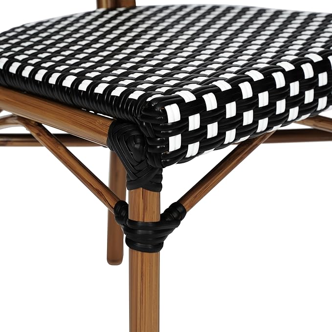 Flash Furniture Lourdes Indoor/Outdoor Commercial Thonet Bistro Stack Chair - Black/White PE Rattan Back and Seat - Natural Bamboo Print Metal Frame - 2 PK