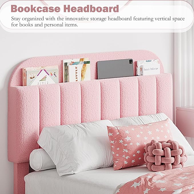 IDEALHOUSE Twin XL Bed Frame for Kids, Boucle Upholstered Platform Bed for Girls with 2 Flexible Drawers, Bookcase Headboard, Noise-Free, Easy Assembly, No Box Spring Needed, Pink