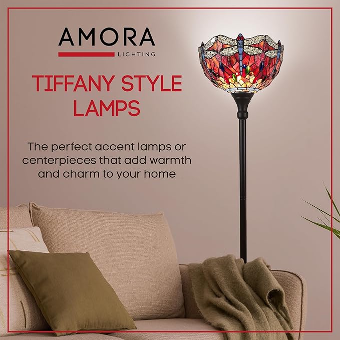Amora Upright Tiffany Floor Lamp - 74” Dragonfly Stained Glass Floor Lamp