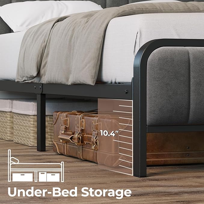 Rolanstar Twin Size Bed Frame with LED Light and Charging Station, Upholstered Headboard and Footboard, Metal Slat, Noise Free, Easy Assembly, Dark Gray