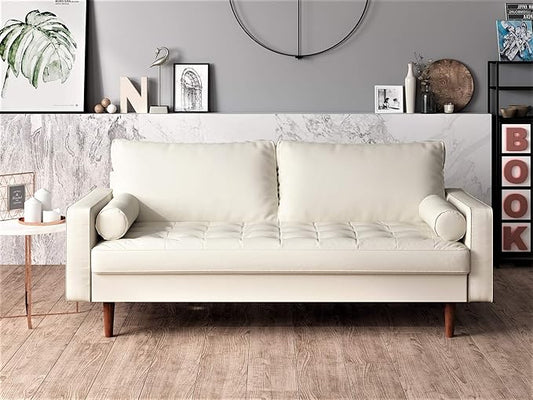 Container Furniture Direct Womble Mid Century Modern Couch with Bolster Pillows, PU Leather Upholstered Tufted Seat, Versatile Retro Design for Comfortable Living Spaces, Sofa, White