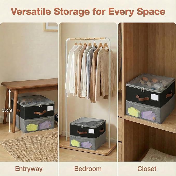 Shoe Organizer for Closet, Foldable Shoe Rack with Clear Cover, Adjustable Dividers for 16 Pairs, Storage Cubby for Wardrobe, Grey & Black