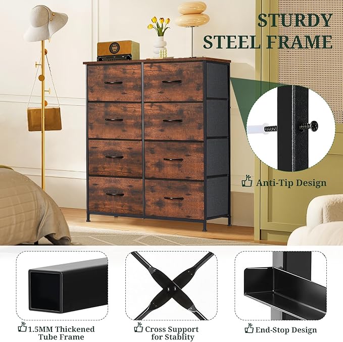 8-Drawer Dresser for Bedroom, Anti-Tip Tall Storage Organizer Chest of Drawers with Wooden Top and Metal Frame Fabric Bins for Closet, Living Room, Hallway, Entryway, Brown