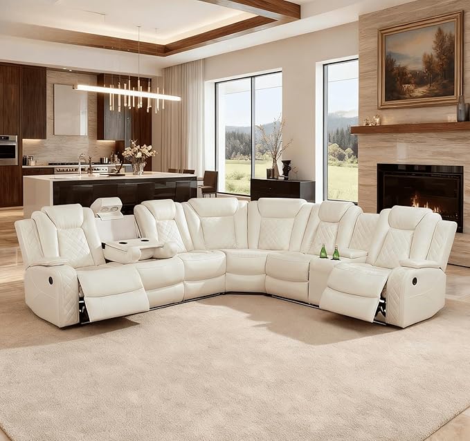 Power Recliner Sectional Sofa with LED Lighting, Breathing Leather Corner Couch with USB Port,Storage Console, Cup Holders, Reading Light – Home Theater & Living Room Seating (Cream White)