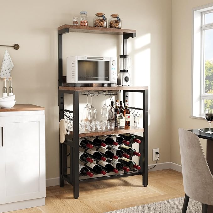 YITAHOME Kitchen Microwave Bakers Stand with Wine Rack, Wine Rack Freestanding Floor Small Storage Shelves for Liquor Bottle Glasses Power Outlet Farmhouse Coffee Bar 31 Inch, Rustic Brown