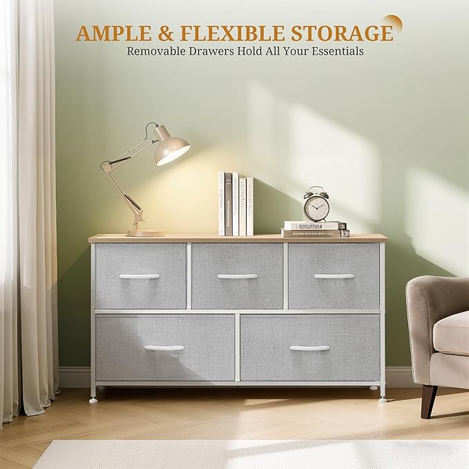 Dresser with 5 Drawers for Bedroom, Fabric Clothes Cabinet for Closet, Anti-Tip TV Stand for 45" TV, Storage Dresser with Metal Frame for Living Room, Entryway, Dorm, Light Grey