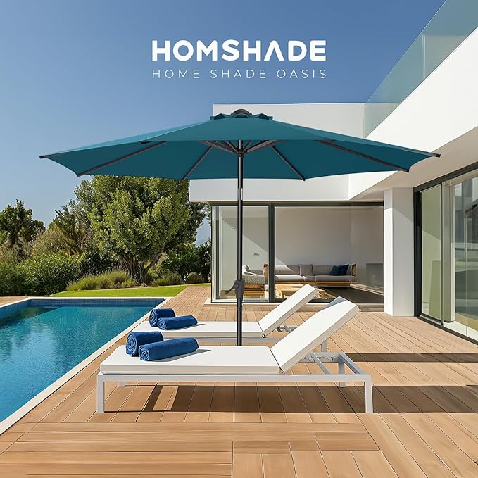 HOMSHADE Outdoor Patio Umbrella - Market Table Pool Deck Umbrella with Push Button Tilt, Crank, UPF50+ UV Protection and Sturdy Ribs, 3-Year Fade Resistance, 220GSM Solution-Dyed Fabric (No base)