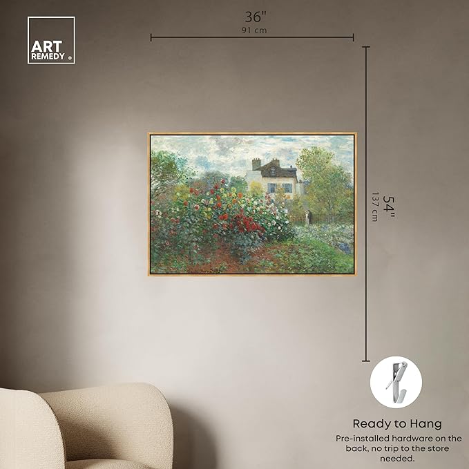 Art Remedy Monet-Garden With Dahlias Impressionism Classic Landscape Paintings Canvas Wall Art, Gold Floater Frame, 36"x54"
