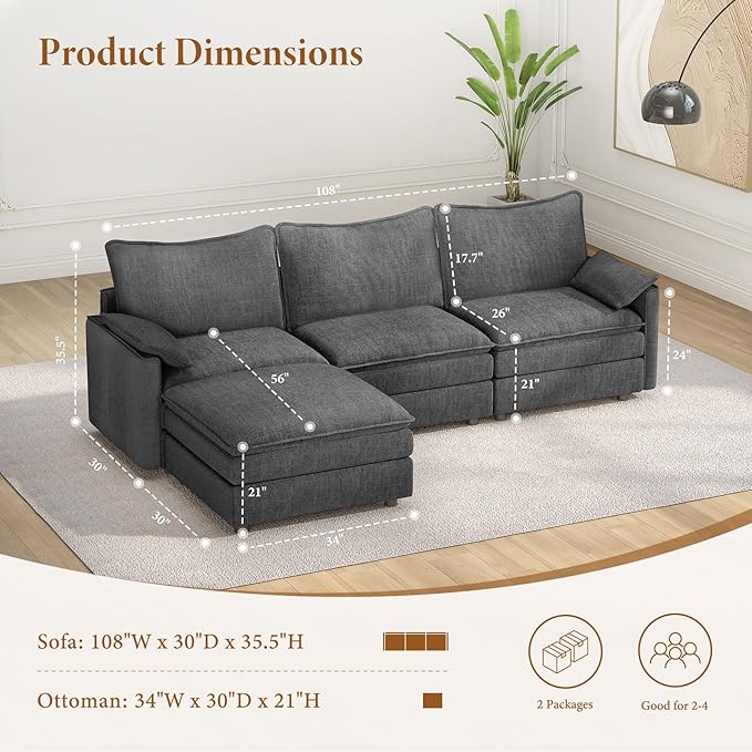 Vesgantti 108" Modular Sectional Sofa, Comfy Cloud Couch with Movable Ottoman Deep Seat Chenille L Shaped Modular Sofa, Sectional Couches for Living Room, Bedroom and Apartment, Gray | Sink-in Comfort, Height Adjustable, Easy Rearrangement, Extra-deep ...
