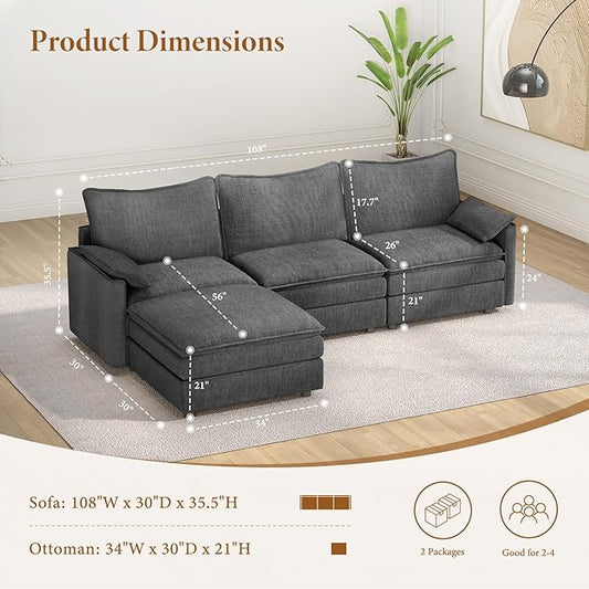 Vesgantti 108" Modular Sectional Sofa, Comfy Cloud Couch with Movable Ottoman Deep Seat Chenille L Shaped Modular Sofa, Sectional Couches for Living Room, Bedroom and Apartment, Gray | Sink-in Comfort, Height Adjustable, Easy Rearrangement, Extra-deep ...
