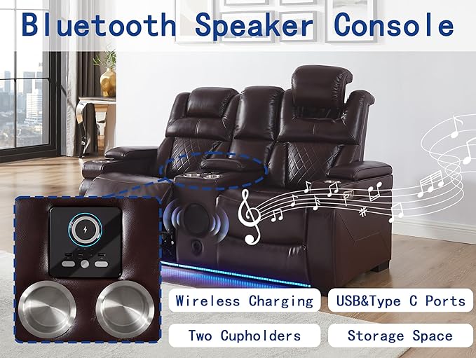THSUPER Power Breathable Leather Reclining Loveseat with 7-Color LED Light, Living Room Recliner Couch with Adjustable Headrest/USB Port/Wireless Charging/Bluetooth Speaker for Living Room, Brown