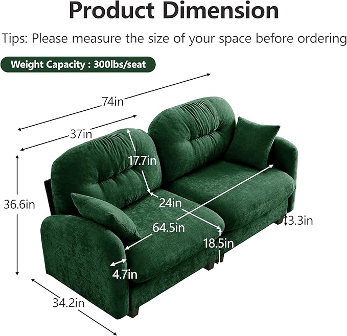 KEIKI 74" Oversized Chenille Modular Sectional Loveseat Sofa with High-Density Foam Cushions and Tufted Pleated Cushion Backrest, Upholstered 2-Seater Cloud Couch with 2 Pillow, for Living Room, Green