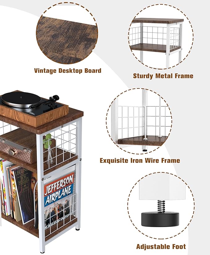 Record Player Stand, 3 Tier End Table with Double Layer Iron Wire Mesh Turntable Vinyl Record Stand Storage Up to 100 Albums, Nightstand Small Side Tables for Living Room Bedroom, White