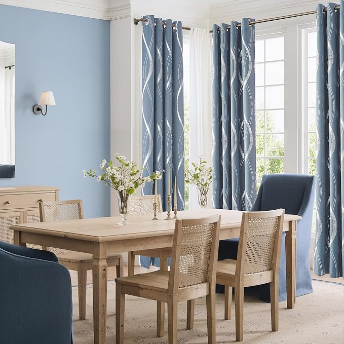 NICETOWN Vintage Blue Foil Printed Curtain for Extra Wide Window, W66 x L84 inch, Wave Line Design Modern Style Drapes Privacy Protection for Room Divider, 2 Panels