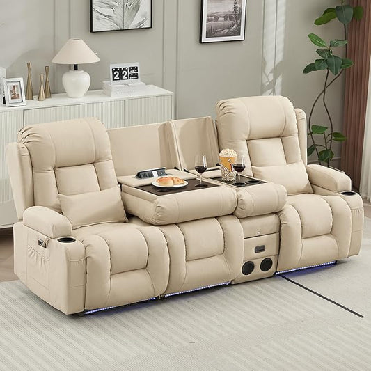 TUNYI Wall Hugger Loveseat Recliner Sofa with Console, Power Reclining Loveseat RV Couch with Massage & Heat/USB/Outlet/Storage/LED Light/Speaker (Beige, 3 Seat with Console)