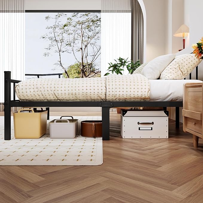 zizin King Size Metal Bed Frame with Headboard & Footboard 14 Inch Metal Platform Mattress Foundation Support with Steel Slat, Under Bed Storage, No Box Spring Needed