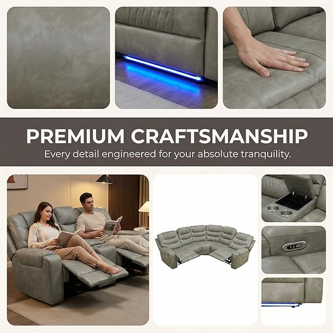 Power Recliner Sectional Sofa with LED Lighting, Breathing Leather Corner Couch with USB Port and Storage Console, Cup Holders– Home Theater & Living Room Seating(Grey)