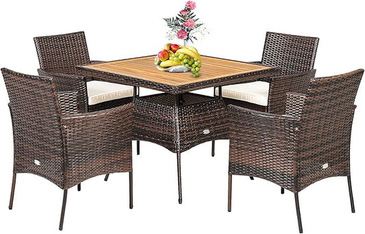 Tangkula 5 Pieces Wicker Patio Dining Set, Outdoor Acacia Wood Dining Furniture with 4 Armrest Chairs & 1 Dining Table, Rattan Conversation Set with Cushions & Umbrella Hole for Backyard Garden Porch