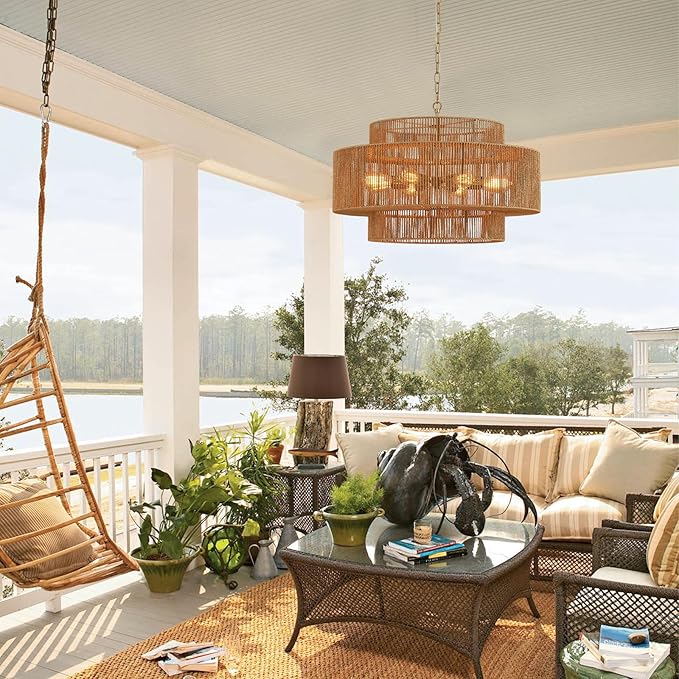 30” Large Hand-Woven Rattan Chandelier Vintage 8-Light Farmhouse Boho Bamboo Chandelier Light Fixture Retro 3-Tier Drum Wicker Rattan Golden Chandeliers for Dining Room, Kitchen, Living Room